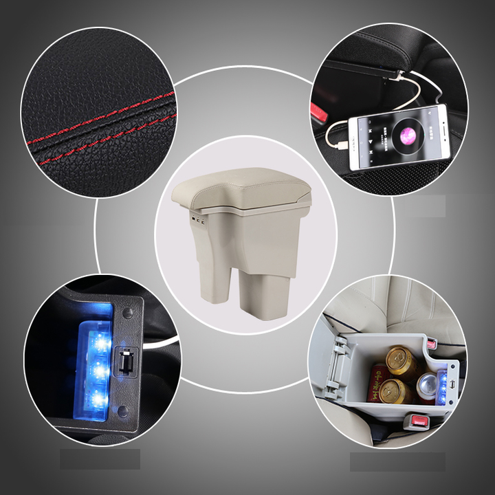 Bộ hộp tỳ tay ô tô cao cấp dành cho Mazda 2 dạng khối tích hợp 3 cổng USB MZDA - 2 màu: Đen và Be