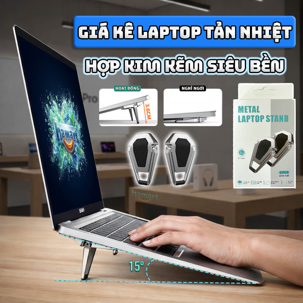 Bộ Đế Kê Laptop Tản Nhiệt Mini Kim Loại Kẽm Cao Cấp Gấp Gọn Giá Đỡ Macbook 2 Chân Keo Dán Siêu Dính - Hàng nhập khẩu