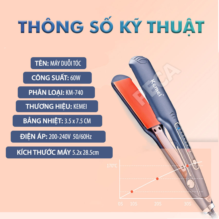 Máy duỗi tóc Kemei KM-740 điều chỉnh 6 mức nhiệt độ bảng nhiệt lớn sử dụng được cho mọi loại tóc - Hàng chính hãng