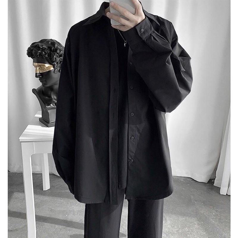 Áo Sơ mi TRƠN tay dài màu ĐEN/TRẮNG ️Nam Nữ Unisex chất lụa mềm mịn form rộng ️