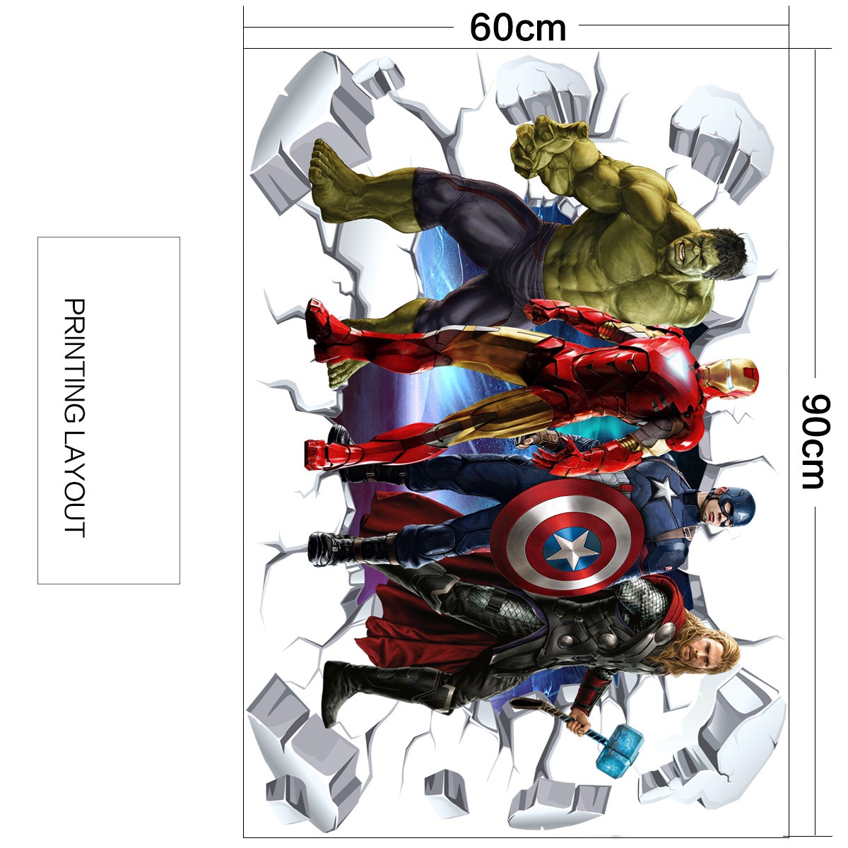 Decal dán tường 3D siêu anh hùng - biệt đội báo thù DKN154 (60 x 90 cm)