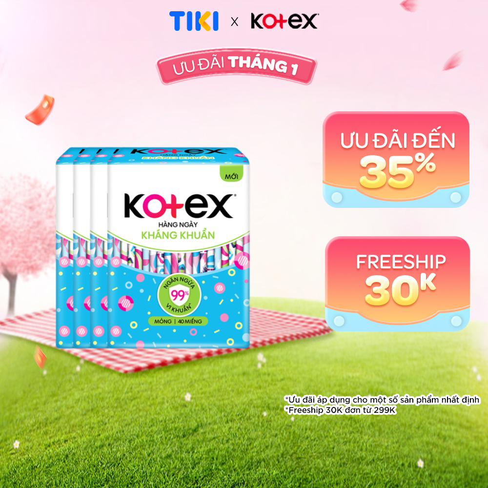 Combo 4 gói băng vệ sinh Kotex hằng ngày kháng khuẩn không cánh