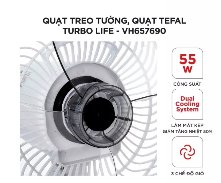 Quạt treo tường, quạt Tefal Turbo Life VH657690 - 55W, 3 chế độ gió- hàng chính hãng