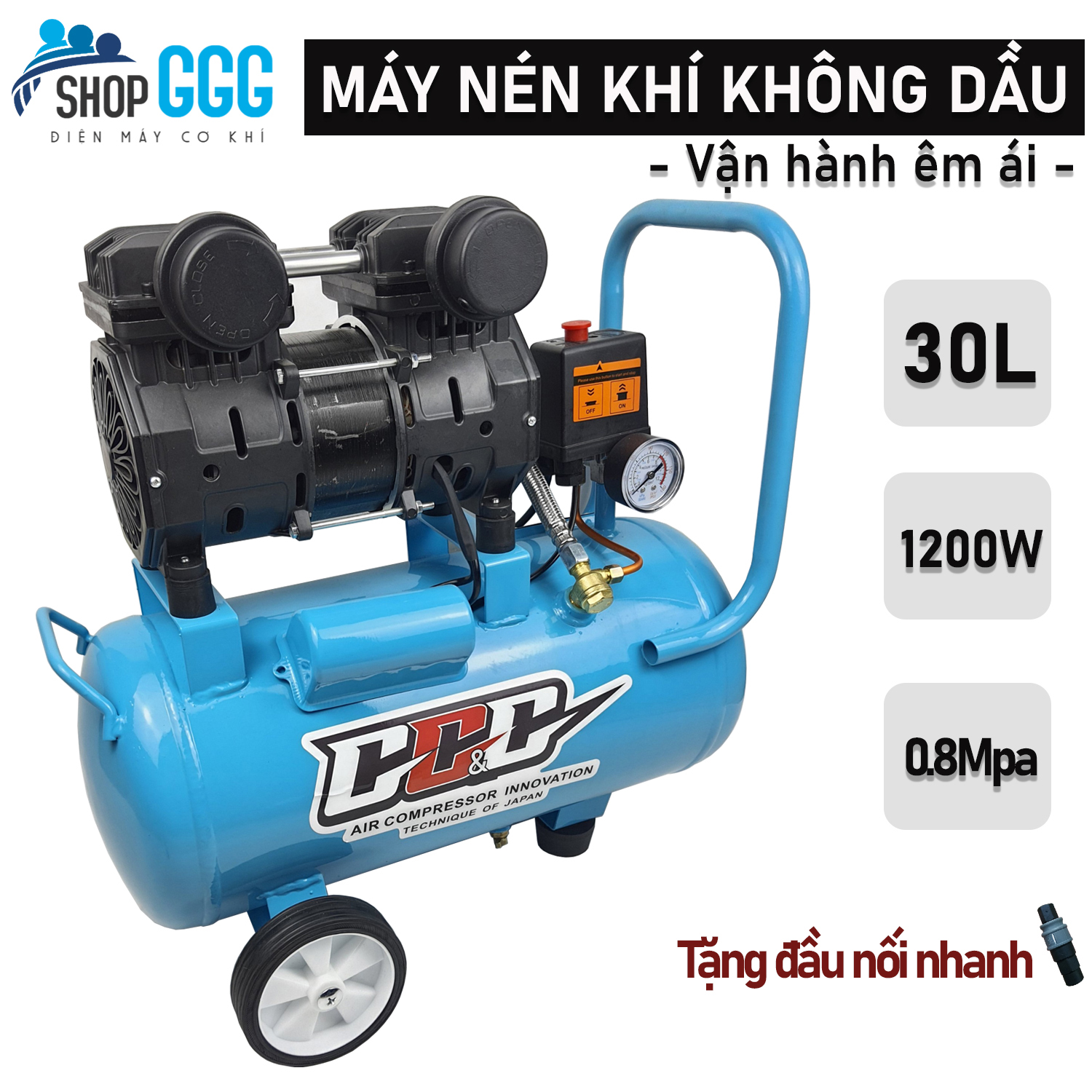 Máy nén khí không dầu 30L 1200W - 2 đầu nạp hơi - Nạp khí siêu nhanh - Tự động nạp ngắt khí - Không gây ồn - Bơm xịt hơi / phun sơn / bắn đinh | May nen khi, máy bơm hơi, máy nén hơi, máy nén mini