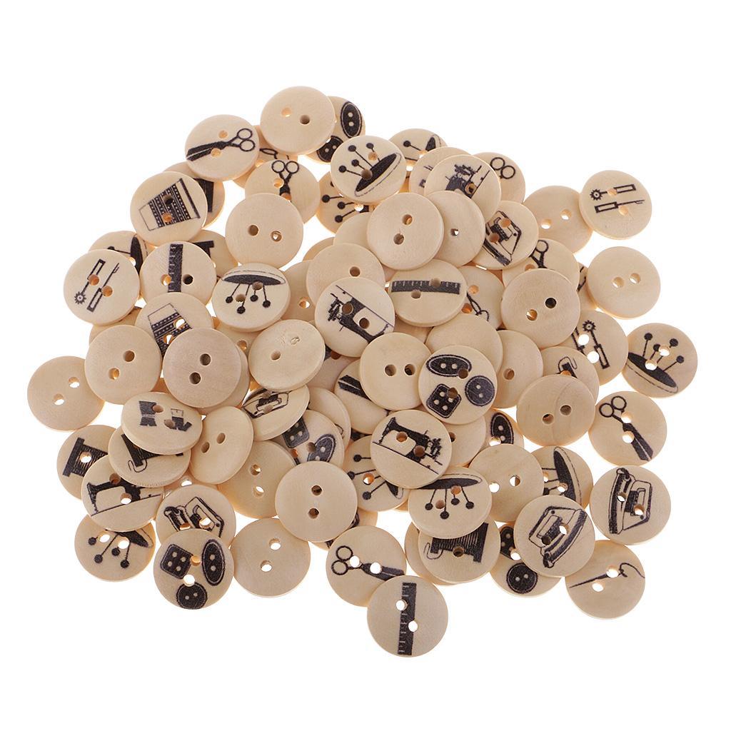 DIY 100Pcs 15mm Round Wood Button 2 Holes Mixed Pattern Sewing Accessories Craft Decoration