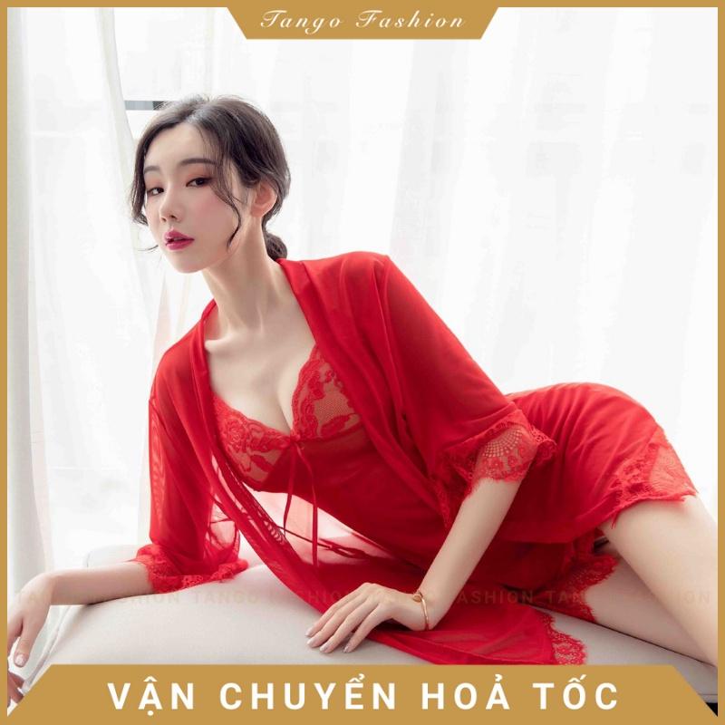 Váy ngủ sexy - Đầm ngủ ren voan mỏng ngợi cảm có kèm áo choàng thắt dây và quần chíp lọt khe quyến rủ