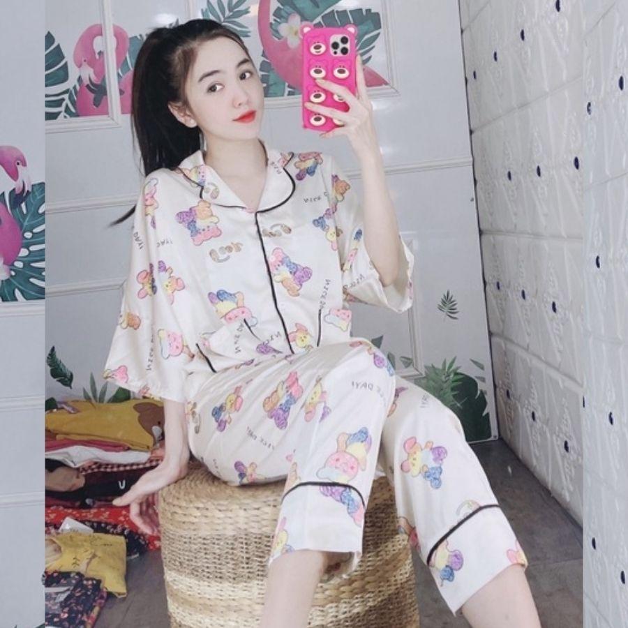 Đồ bộ nữ pijama lụa satin ngủ mặc nhà tay ngắn cánh dơi bigsize quần dài quần đùi dễ thương mango cao cấp ESHOP PM01