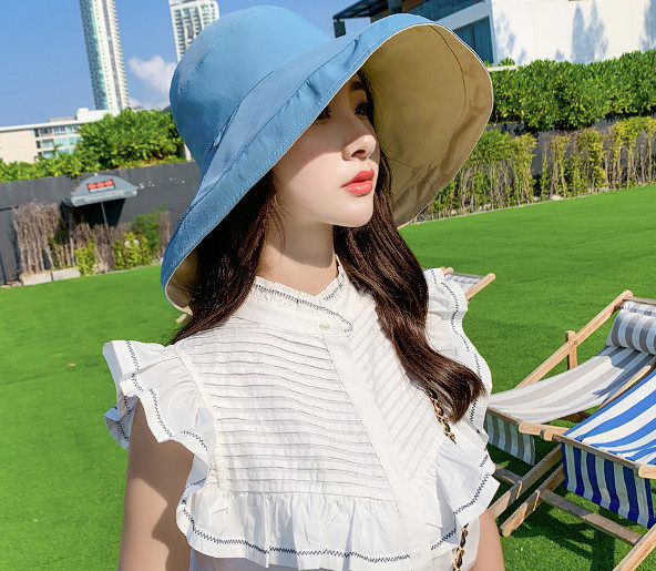 Mũ nón chống nắng rộng vành đội 2 mặt cỡ lớn màu xanh