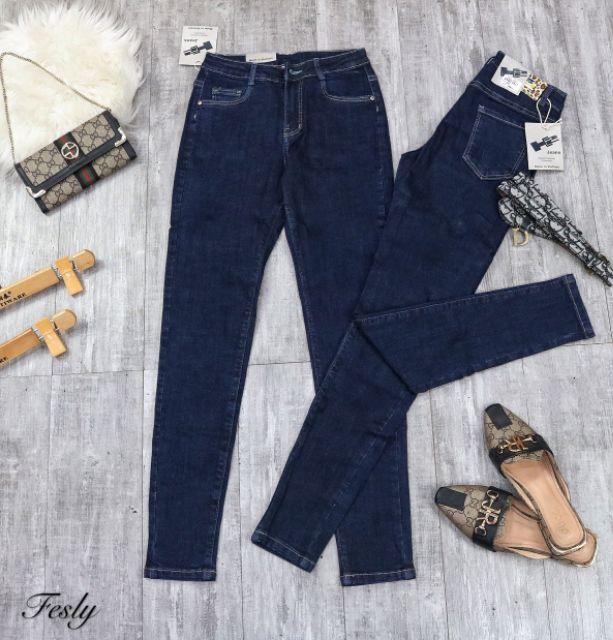 Quần Jeans Nữ Xanh Đậm Trơn Lưng Cao