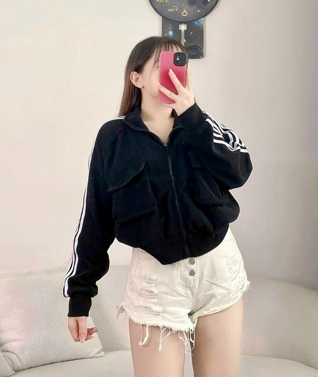 [Freship] Áo Khoác Nữ Len Nhung Gân Túi Trước Sành Điệu Cổ Cao Chạy Viền 3 Sọc Cánh Tay Hót Trend Shop Thời Trang, Áo Khoác Nhung Gân Túi Đắp Cao Cấp (7 túi dây kéo) - Hàng mới về