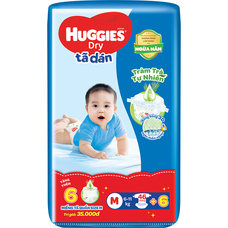 Tã dán HUGGIES DRY JUMBO M46 (6-11kg) - Gói 46 miếng Tràm Trà + Tặng 6 miếng