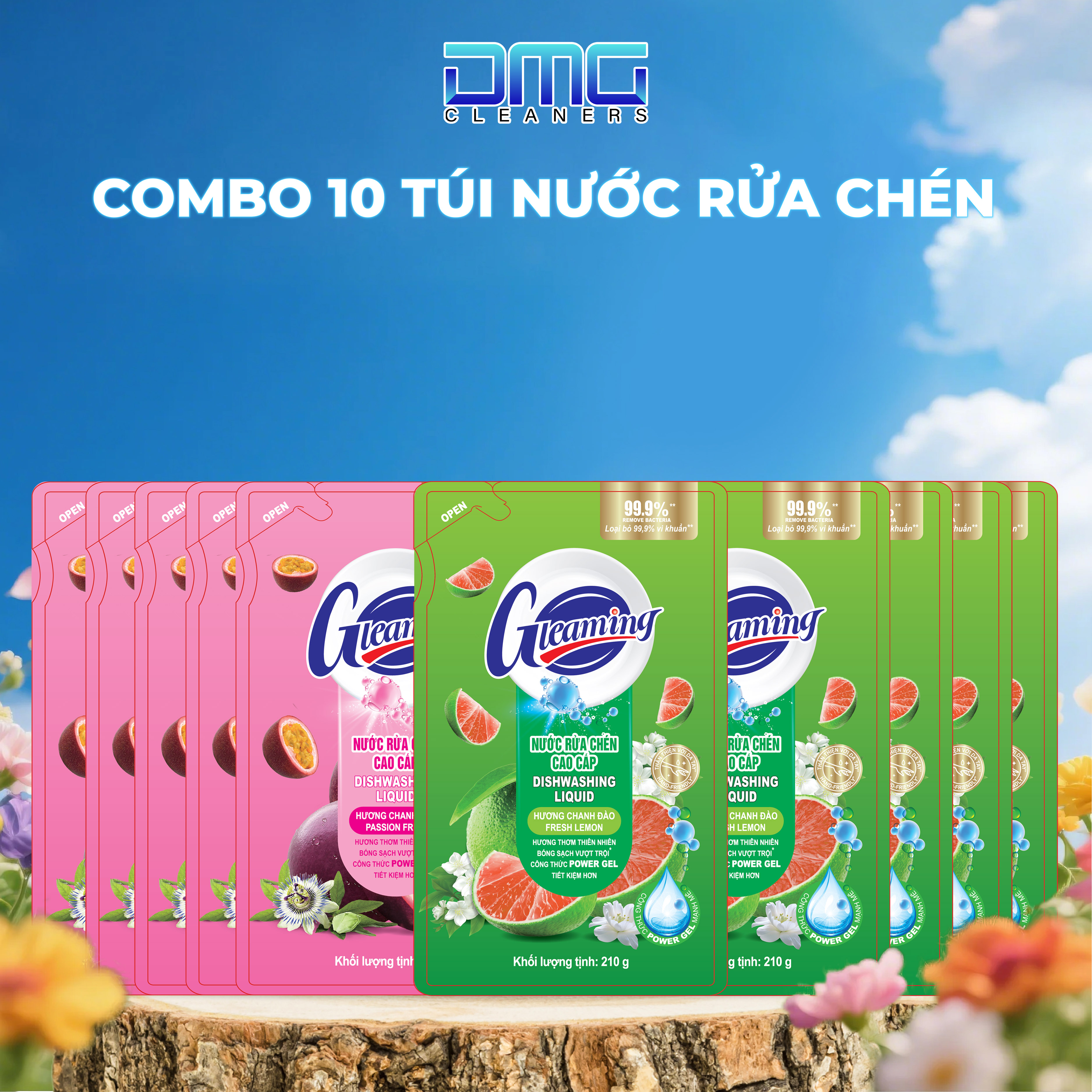 Combo 10 Túi Nước Rửa Chén Gleaming Hương Chanh Dây 200ml/Túi