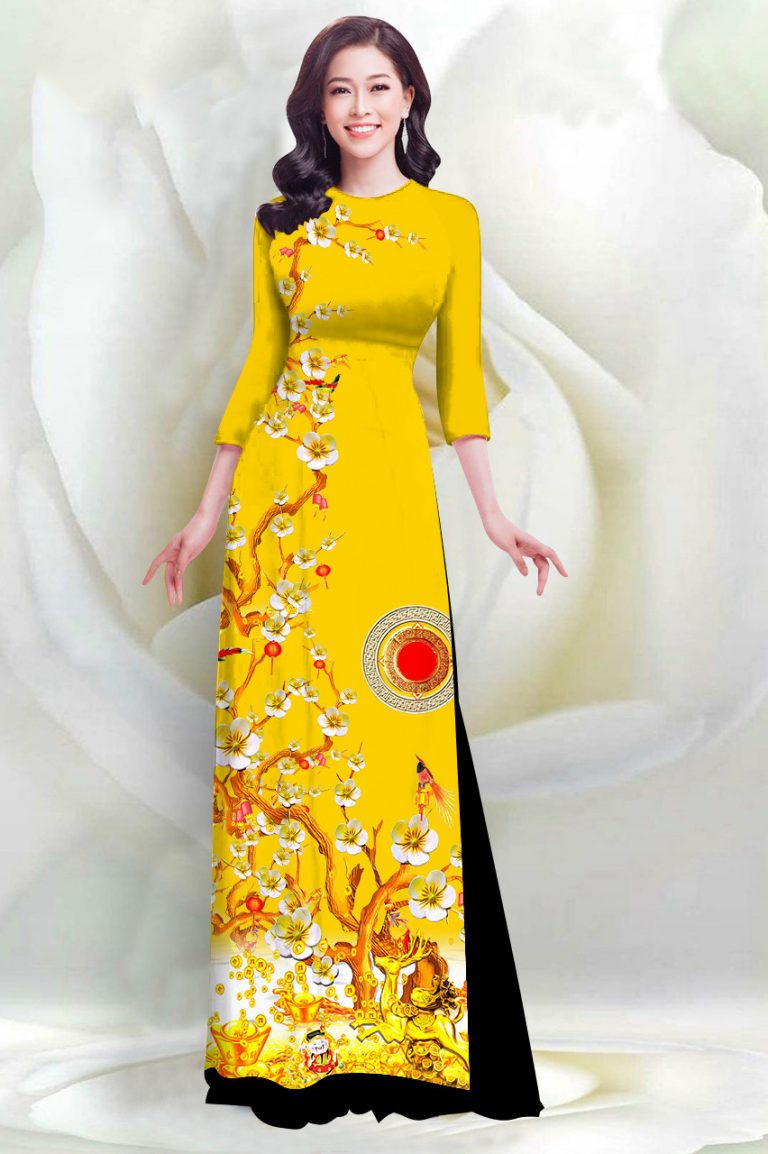 Áo dài gấm in 4D họa tiết hoa mai - AD 16