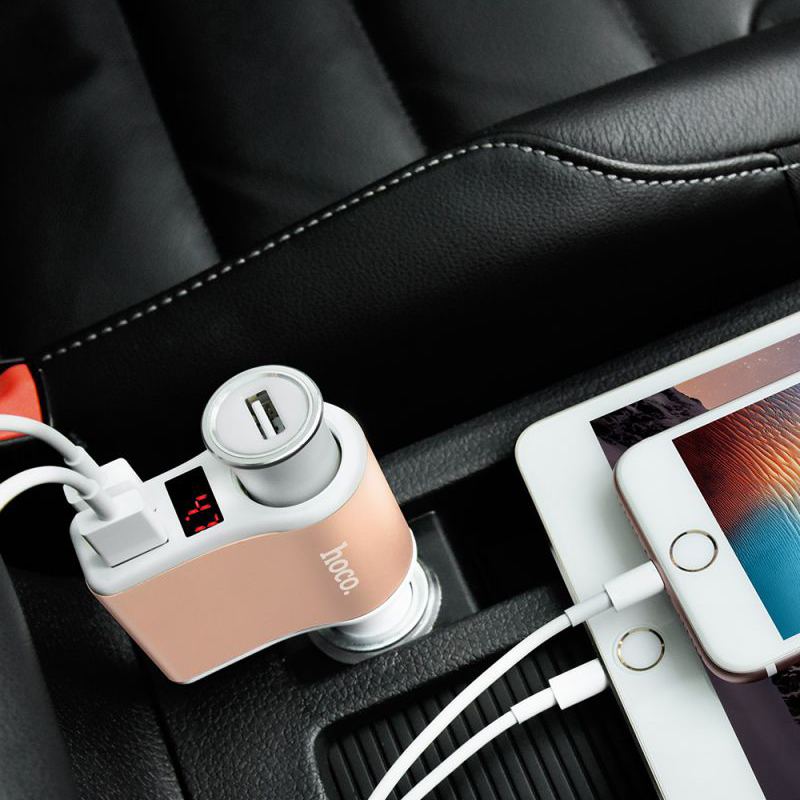 Tẩu Sạc Điệ Thoại Trên Xe Ô Tô  Hoco Z10, 2 Cổng USB + Tặng Kèm 1 Cáp Sạc IPhone - Hàng Chính Hãng