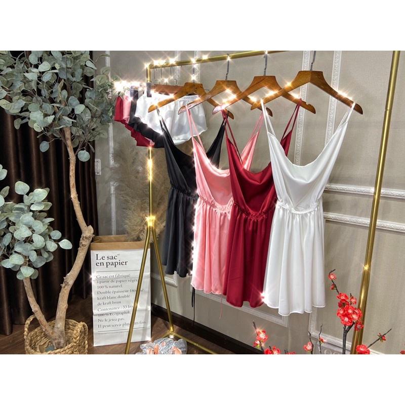 Váy ngủ nữ, váy 2 dây cổ đổ hở lưng chất lụa satin, có kèm quần ngắn bên trong, phom váy đẹp, gợi cảm cho phái nữ