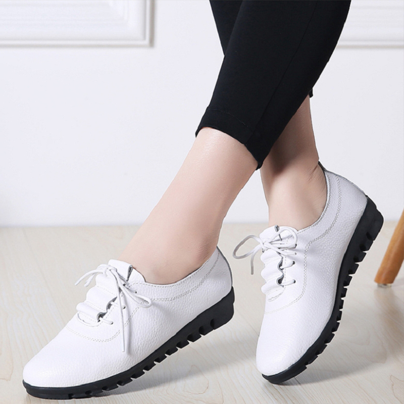 Ladies casual flat shoes pu leather oxford lace-up driving shoes