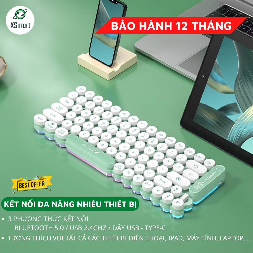 Bàn Phím Bluetooth Không Dây Pin Sạc OG80 Có Đèn Led RGB 10 Chế Độ, Chống Nước Cực Tốt, Kết Nối Thông Minh 3 Chế Độ Bluetooth 5.0/ USB 2.4Ghz/ Type-C Laptop, Điện Thoại-Hàng Chính Hãng