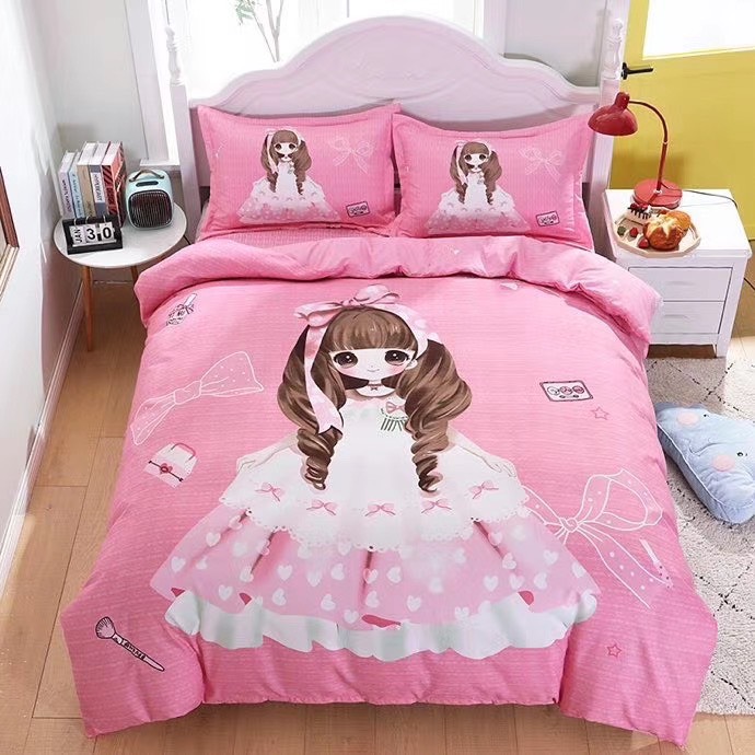 Bộ Drap & Chăn Phao Cotton Magic Búp Bê Hồng