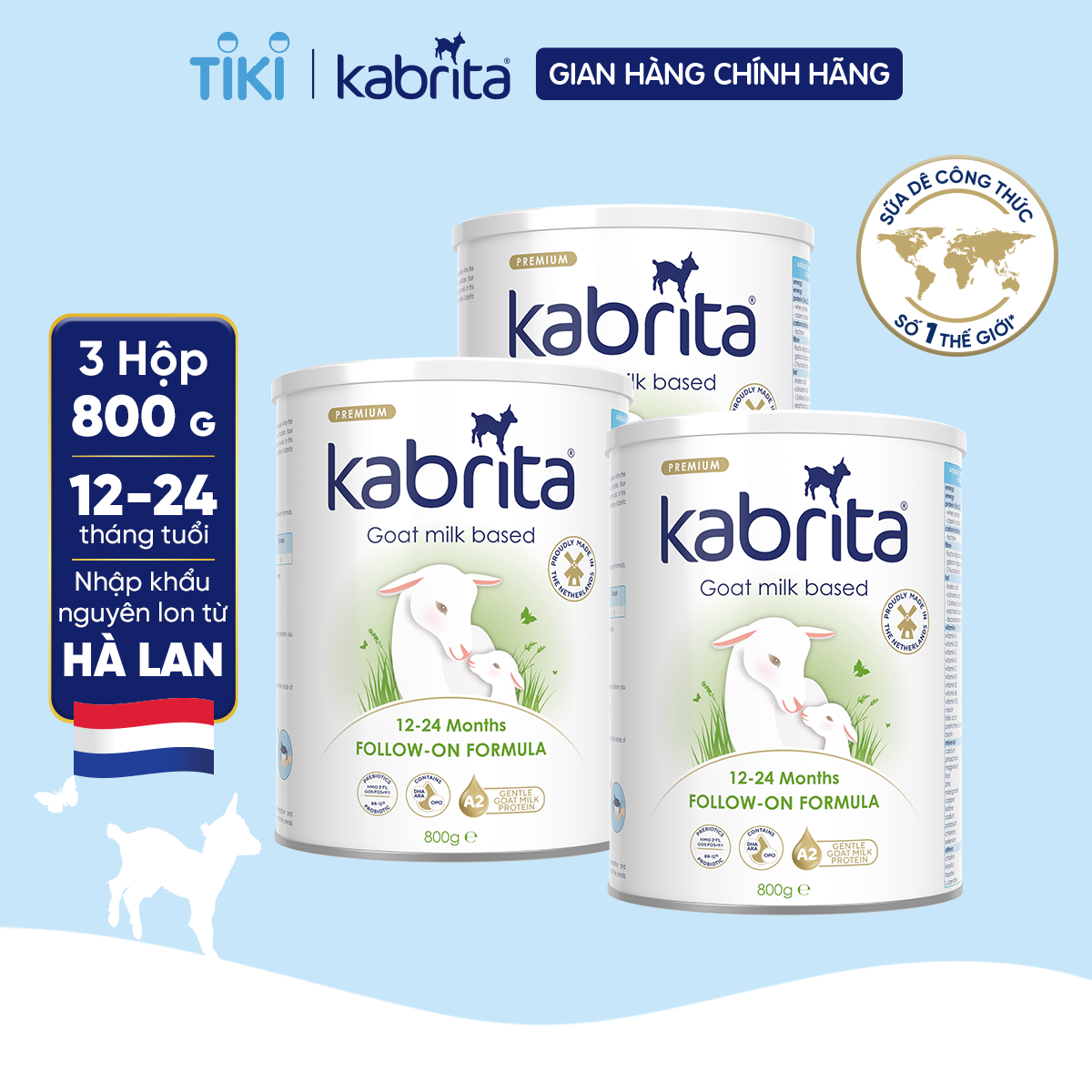 Combo 3 lon Sữa dê Kabrita số 2 cho trẻ từ 12- 24 tháng - Lon 800g