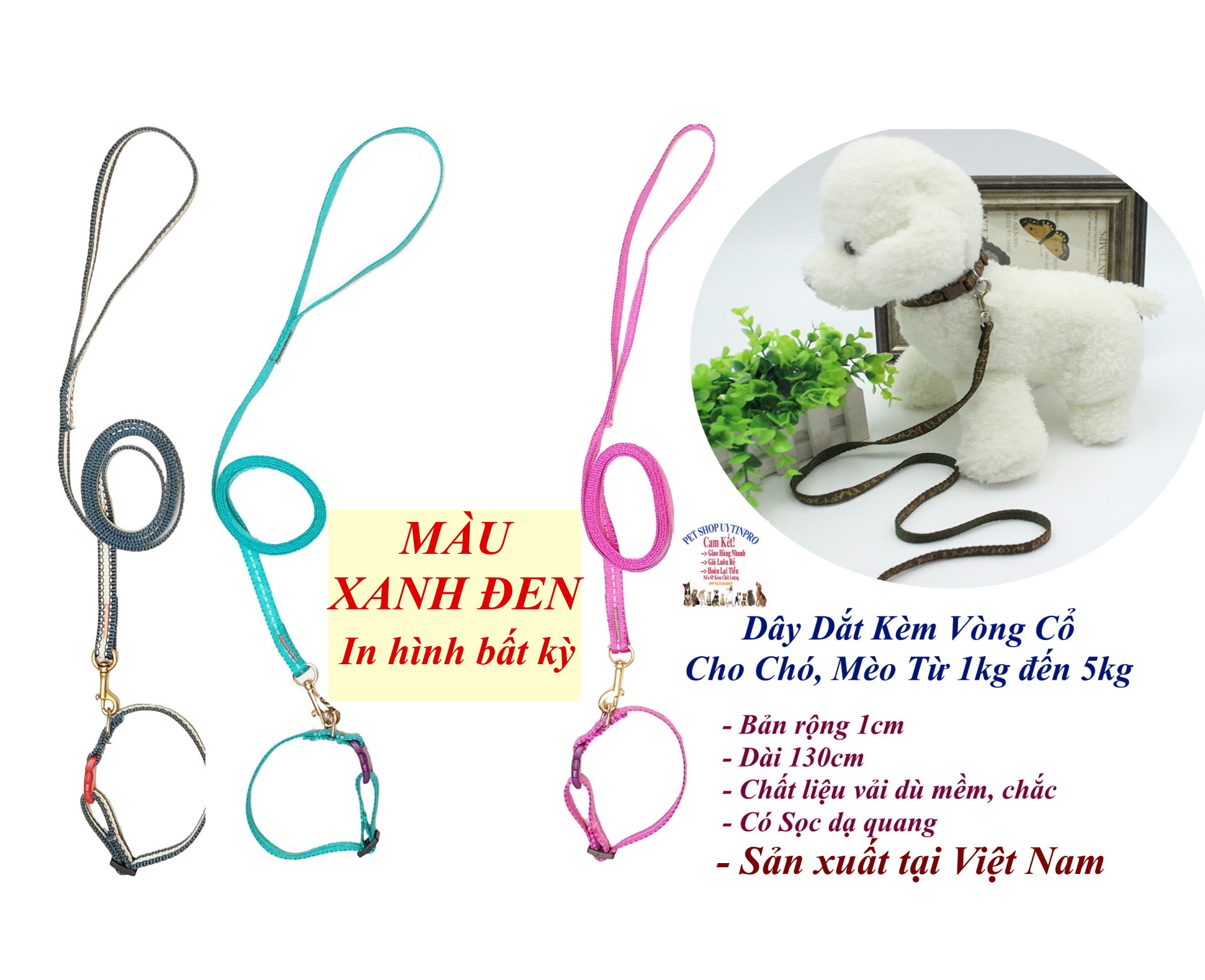 Dây dắt kèm vòng cổ cho Chó Mèo từ 1kg đến 5kg Bản rộng 1cm, Chất liệu vải dù, Bền đẹp, Chắc chắn, An toàn SX tại VN