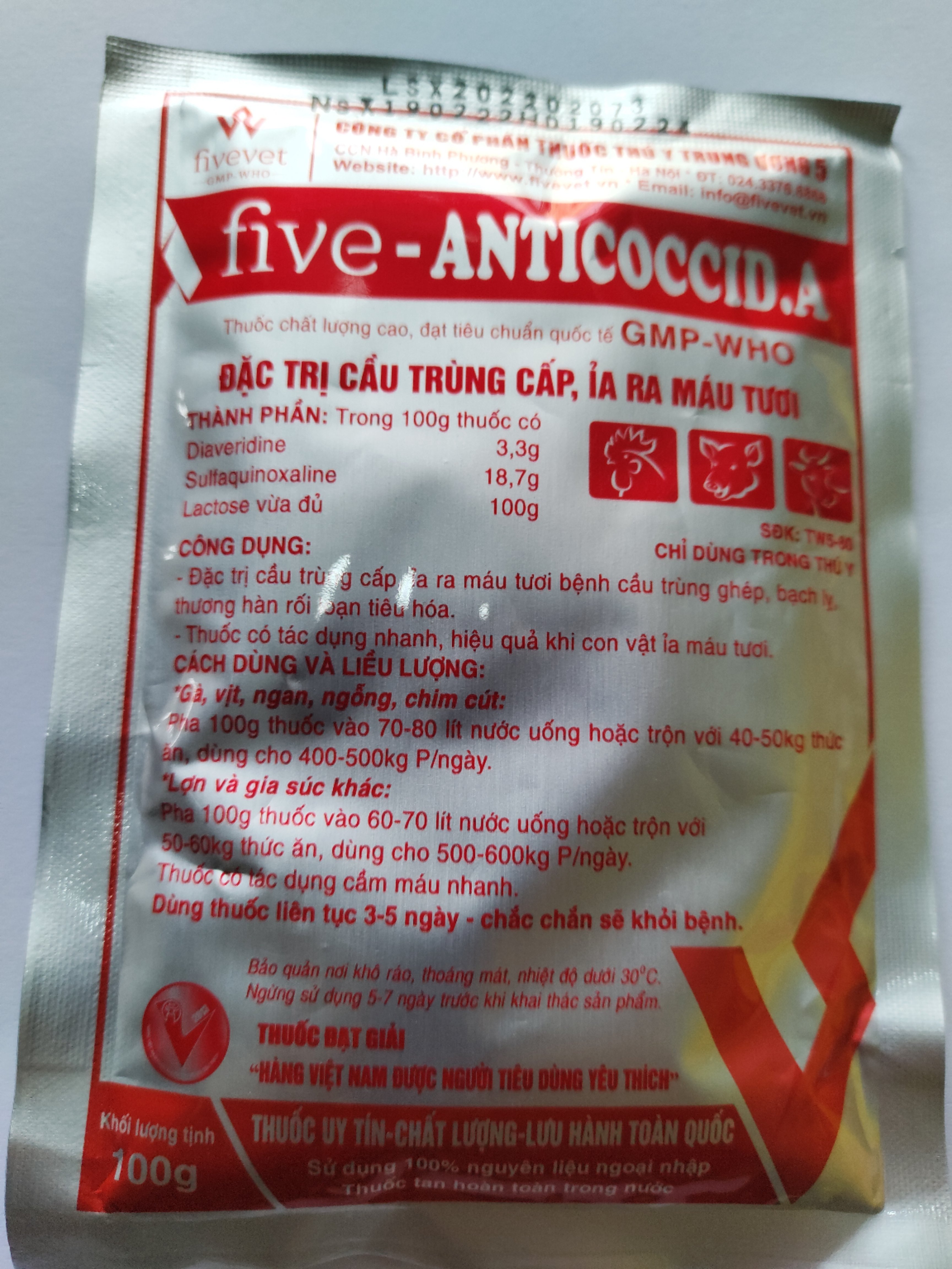 Thuốc bột Five Anticoccid.A Đặc t.rị cầu trùng cấp, ỉa ra máu tươi