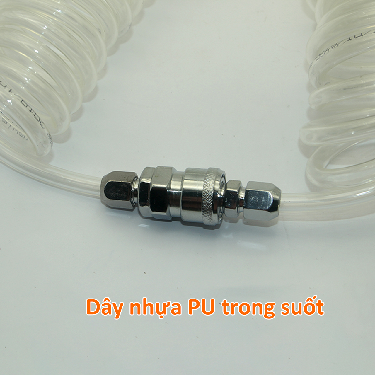 Dây hơi xoắn phi 8 nhựa PU trắng có sẵn 2 đầu nối bình hơi chiều dài tùy chọn:
