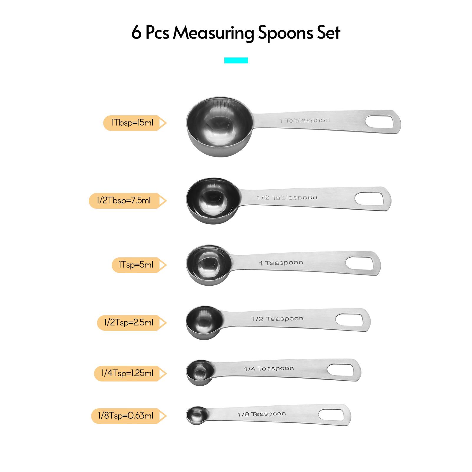 Bộ 6 Thìa đo lường kim loại bằng thép không gỉ để nấu nướng