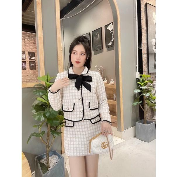 Set dạ kẻ chân váy túi nắp nơ cổ