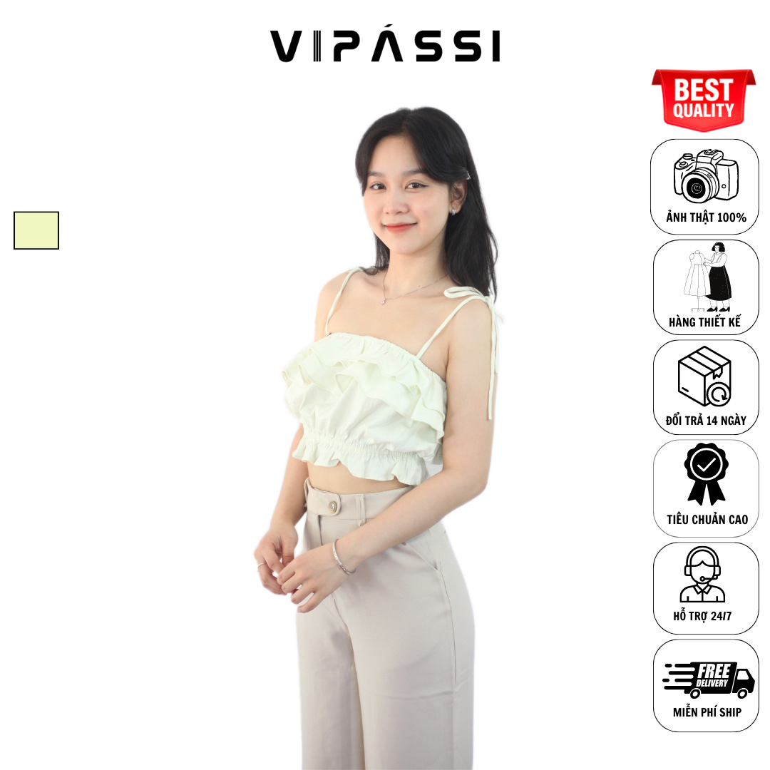 VIPÁSSI - Áo Hai Dây Linen Nhún Phối Bèo 2 Tầng Xanh Nhạt Ngắn Bo Thun Eo