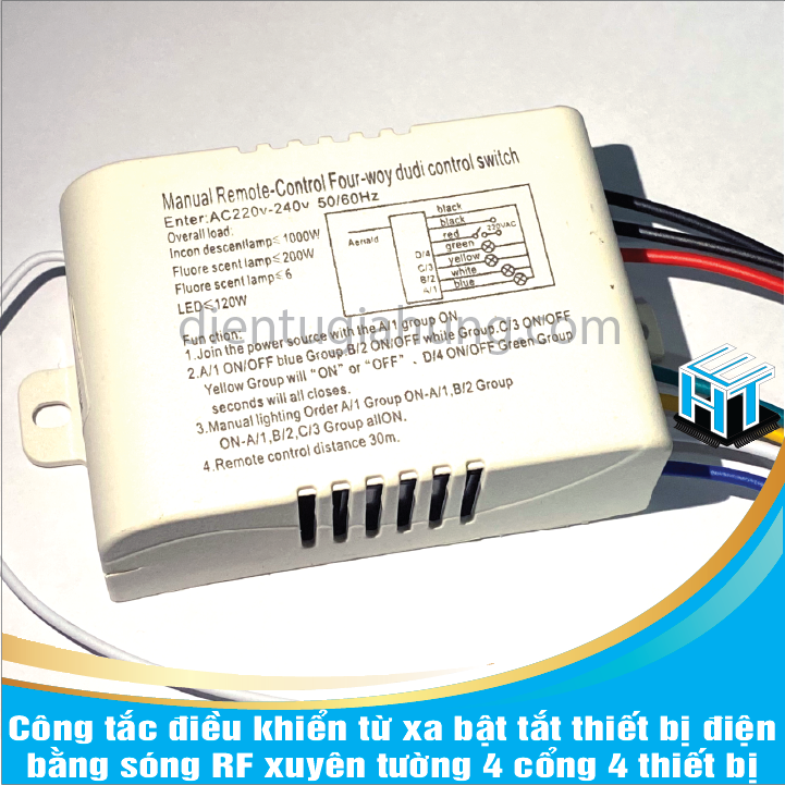 Công tắc điều khiển từ xa bật tắt thiết bị điện bằng sóng RF xuyên tường 4 cổng 4 thiết bị