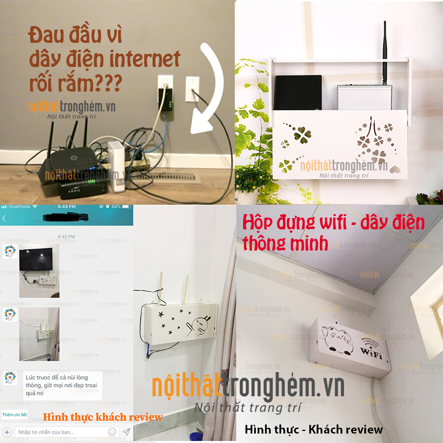 Kệ wifi Cây Lá Trái Tim treo tường không khoan tặng kèm móc treo cường lực - chữ nhật