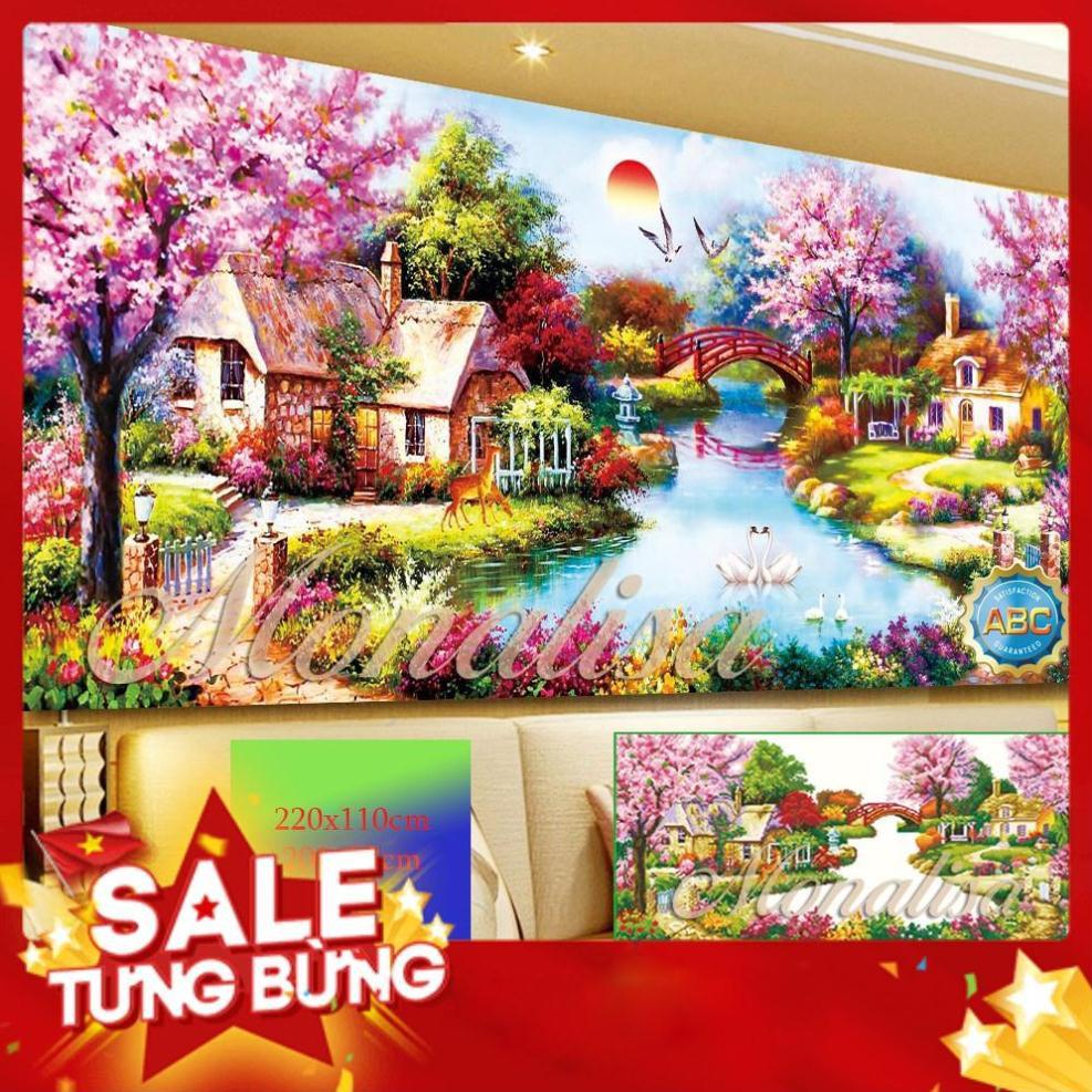 Tranh đính đá Phong Cảnh hồ thiên nga 120x65cm