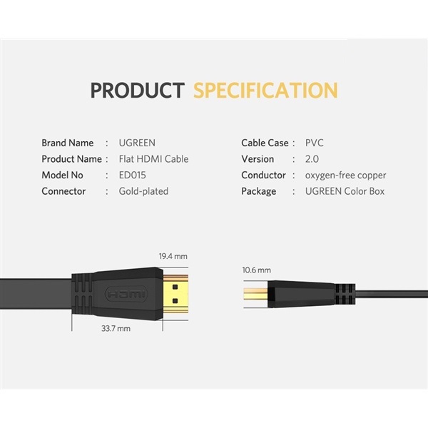 Cáp HDMI Dẹt 2m Lõi Đồng Hỗ Trợ 3D/4K Ugreen - Hàng chính hãng