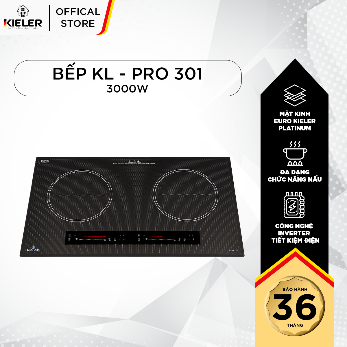 Bếp đôi điện từ KIELER KL-PRO301 mặt kính Euro Kieler Platinum, Bếp điện từ 3000W có chế độ cảm ứng chống tràn - Hàng Chính Hãng