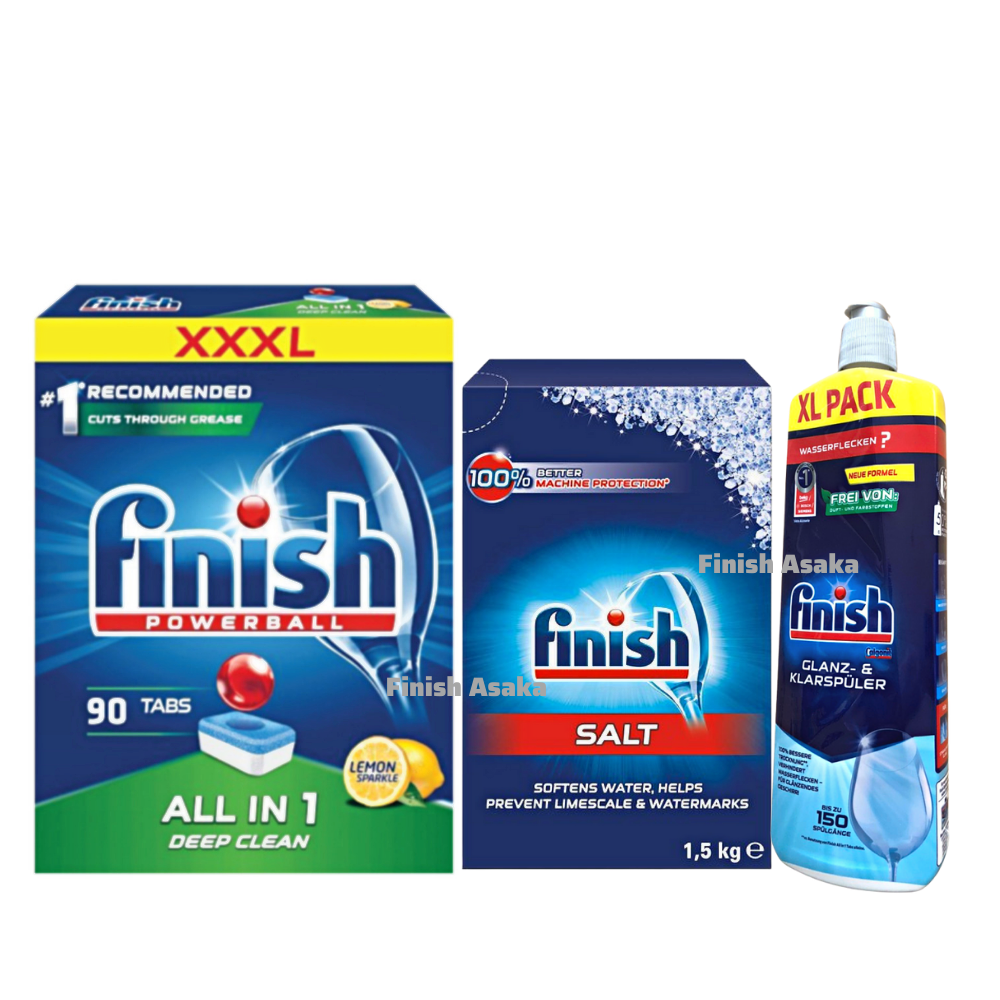 Combo rửa bát Finish: Hộp All In One 90 viên, Muối 1.5kg, Nước làm bóng 400ml - Nhập khẩu EU