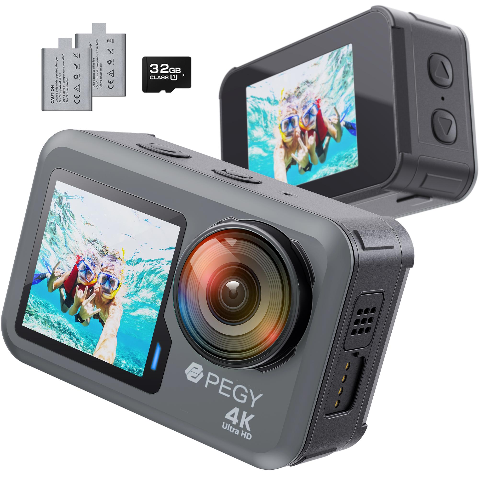 PEGY Dual Màn Hình 4K 60FPS Camera Hành Động Với EIS WiFi Camera Thể Thao Thân Mũ Bảo Hiểm Chống Thấm Nước Quay Video Thẻ Nhớ 32GB