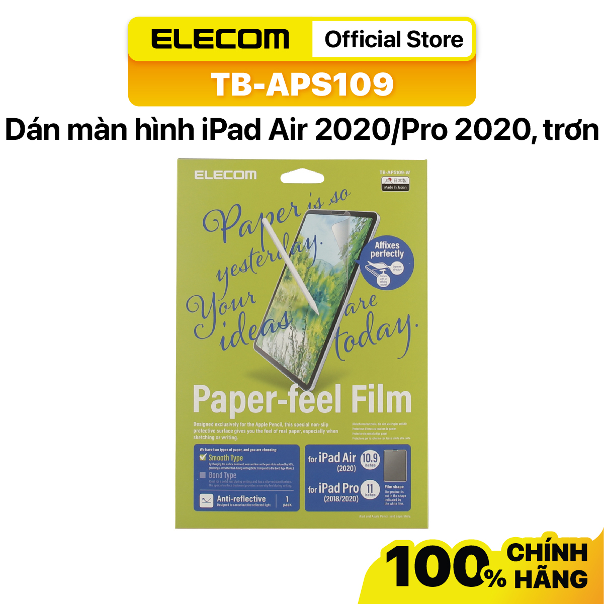 Miếng dán màn hình cho iPad Air 2020/Pro 2020 size 10.9 bề mặt trơn bóng ELECOM TB-APS109-W - Hàng chính hãng