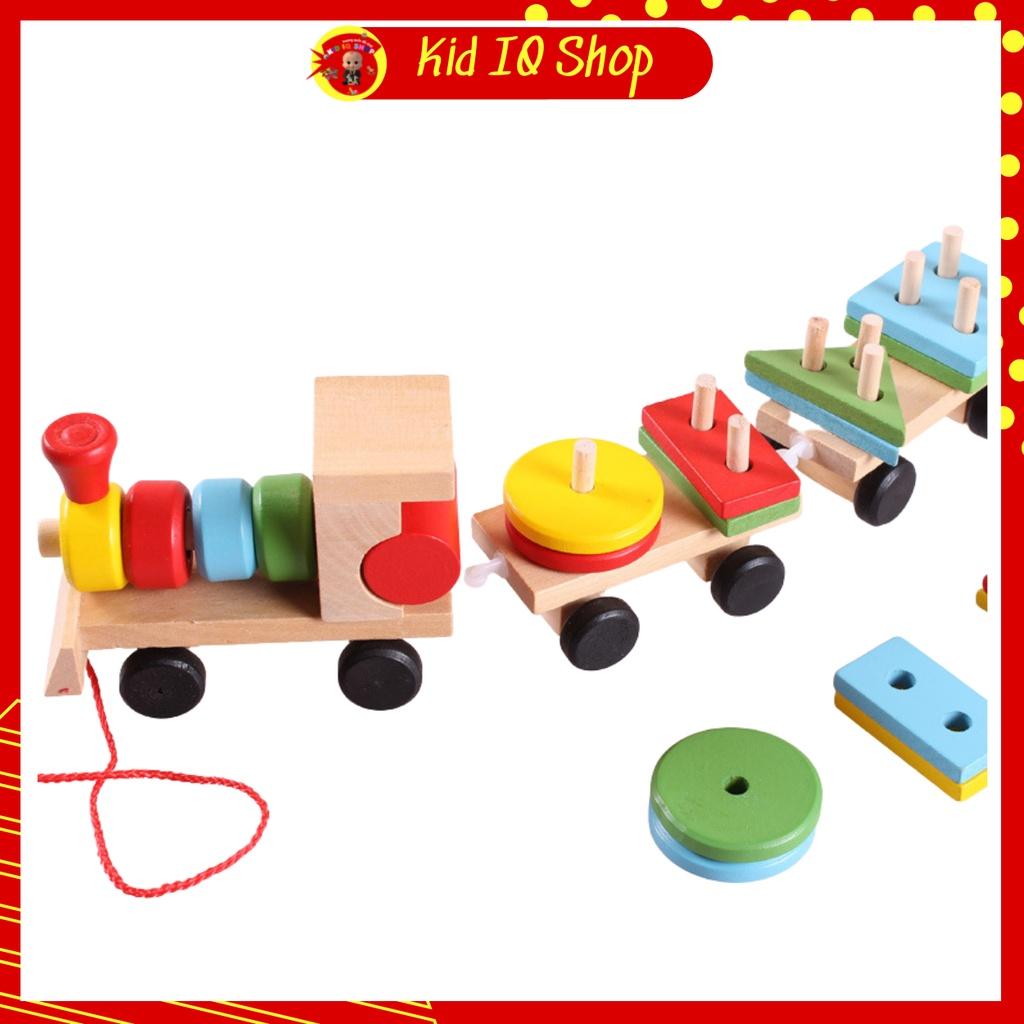 Đồ chơi đoàn tàu màu sắc thả cọc hình khối, xe lửa thả cọc hình trụ gỗ giáo dục sớm cho bé