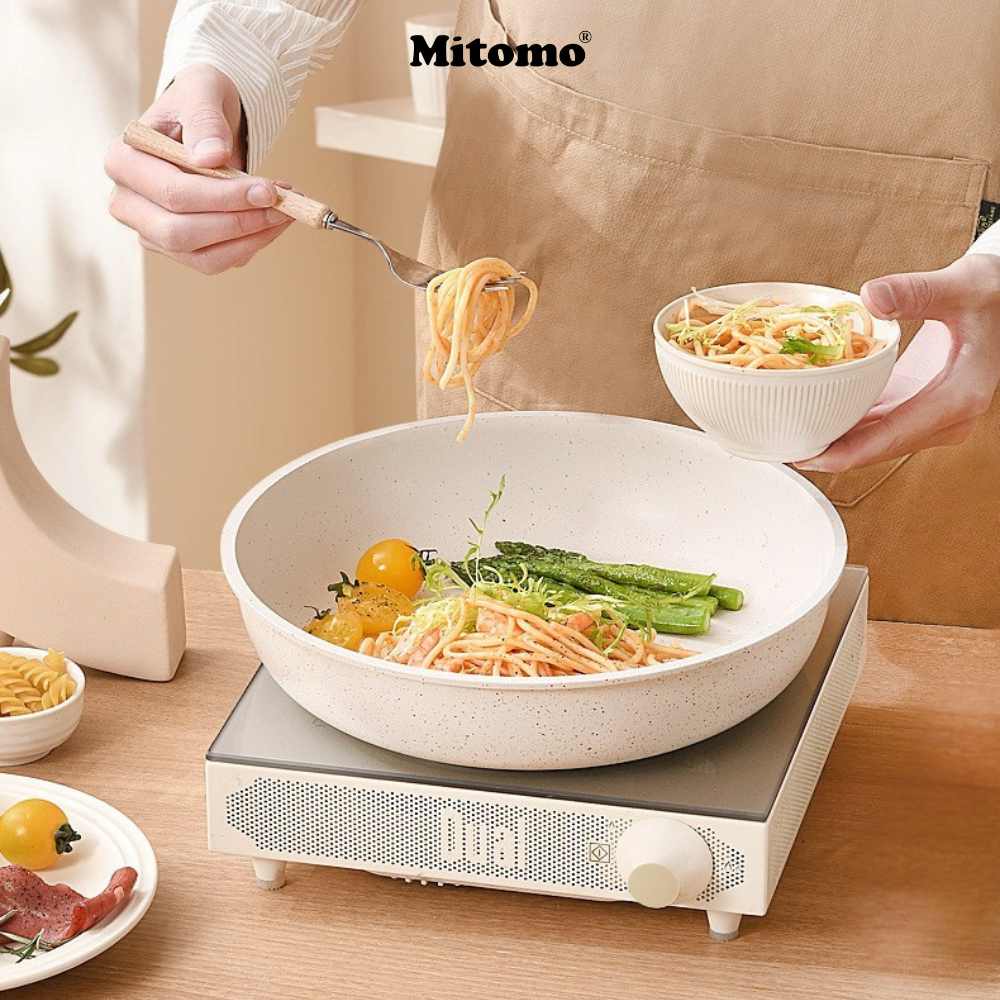 Bộ nồi chảo đá gốm Mitomo chống dính cao cấp 5 món có tay cầm tháo rời, dùng cho mọi loại bếp - Hàng chính hãng