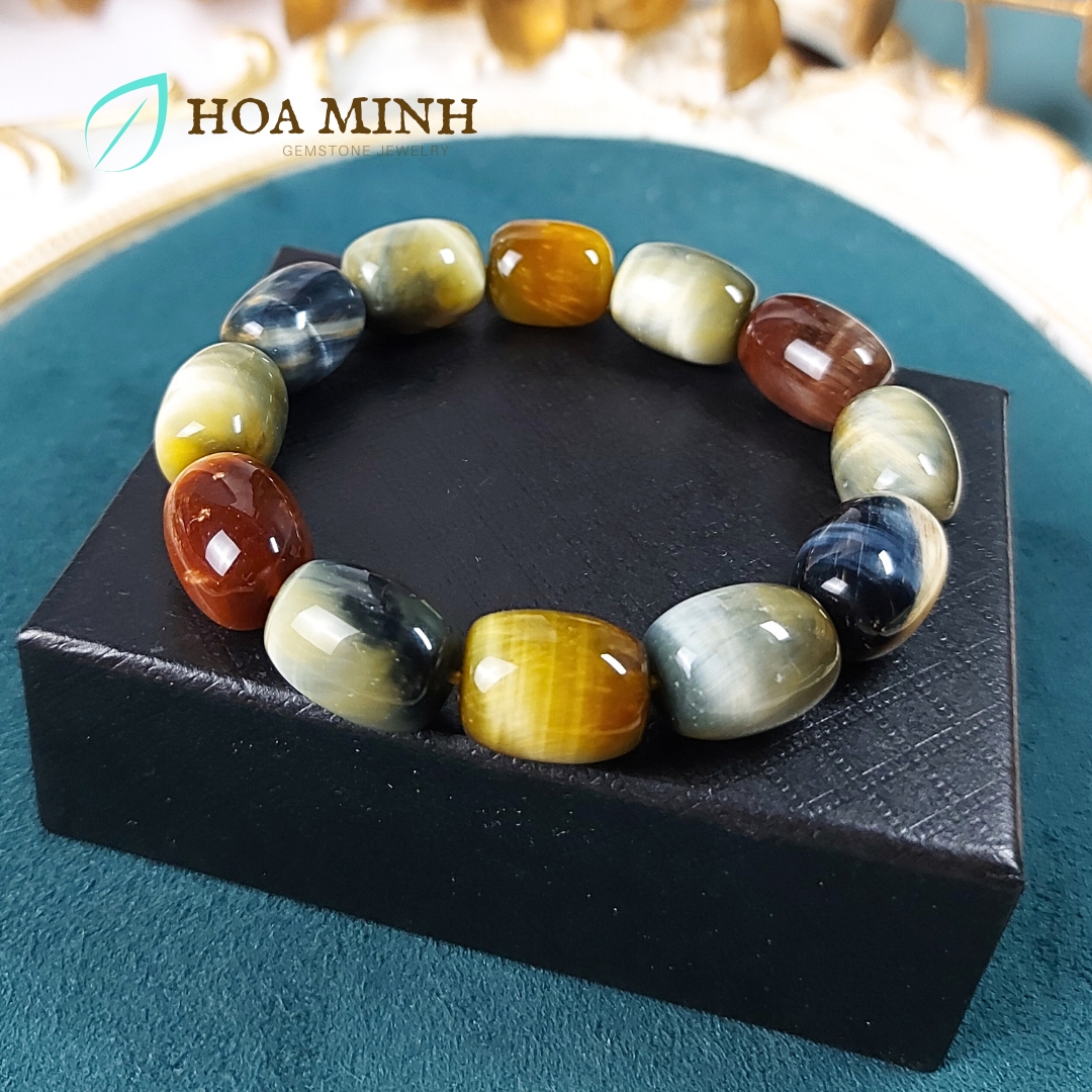 Vòng tay đá Mắt Hổ tam tài VIP thiên nhiên kiểu lu thống size 12x16mm phong thủy tài lộc