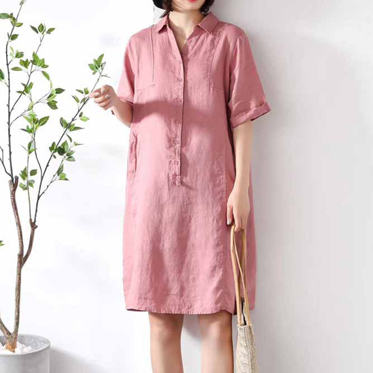 Đầm suông linen cổ đức túi bổ cơi không kén dáng mặc ArcticHunter, thời trang thương hiệu chính hãng - Hồng