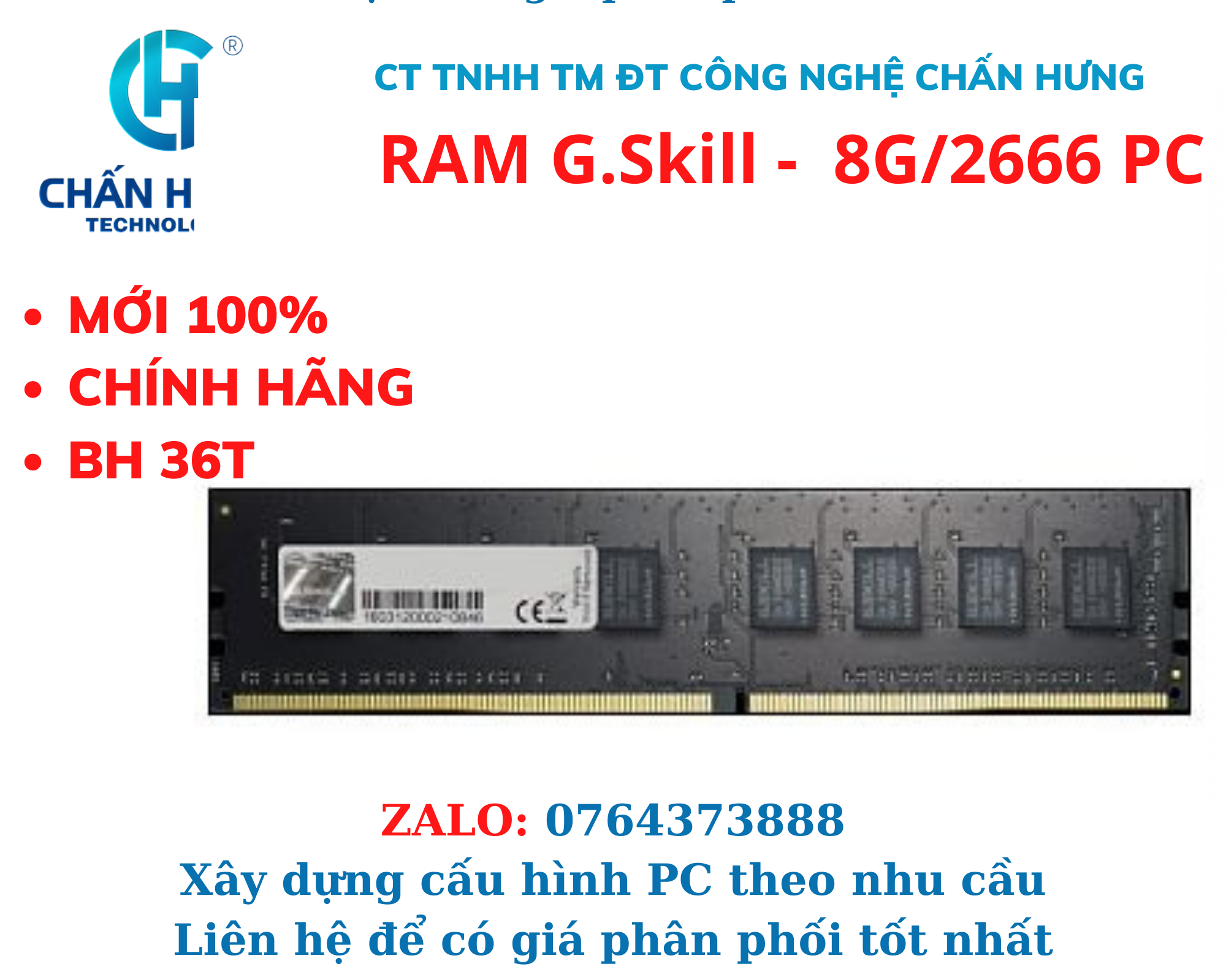 Ram GSKILL 8GB (1x8GB) DDR4 2666MHz cho PC - HÀNG CHÍNH HÃNG