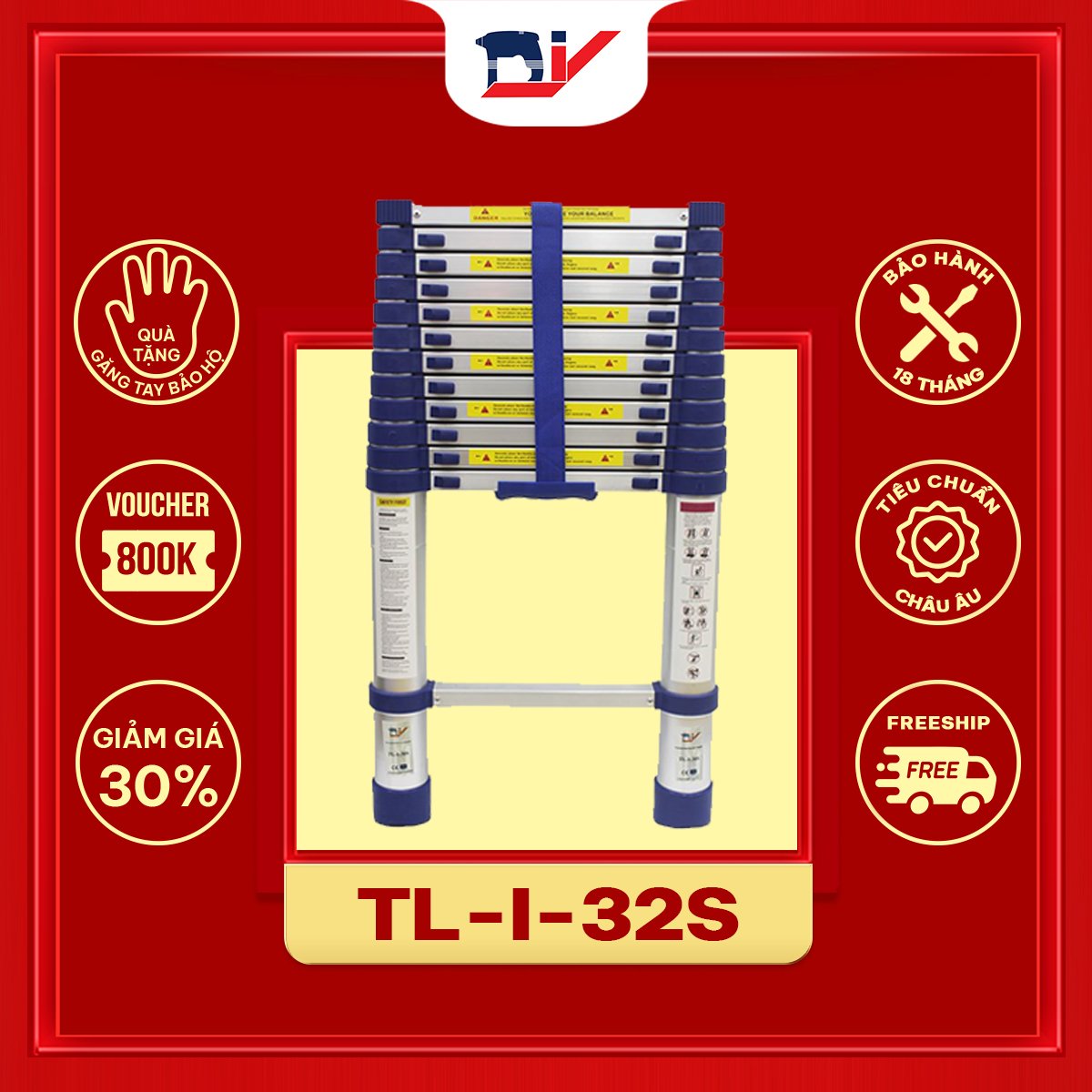 Thang nhôm rút đơn DIY TL-I-32S - Chiều cao tối đa 3.2m, chiều cao rút gọn 0.8m tải trọng 150kg