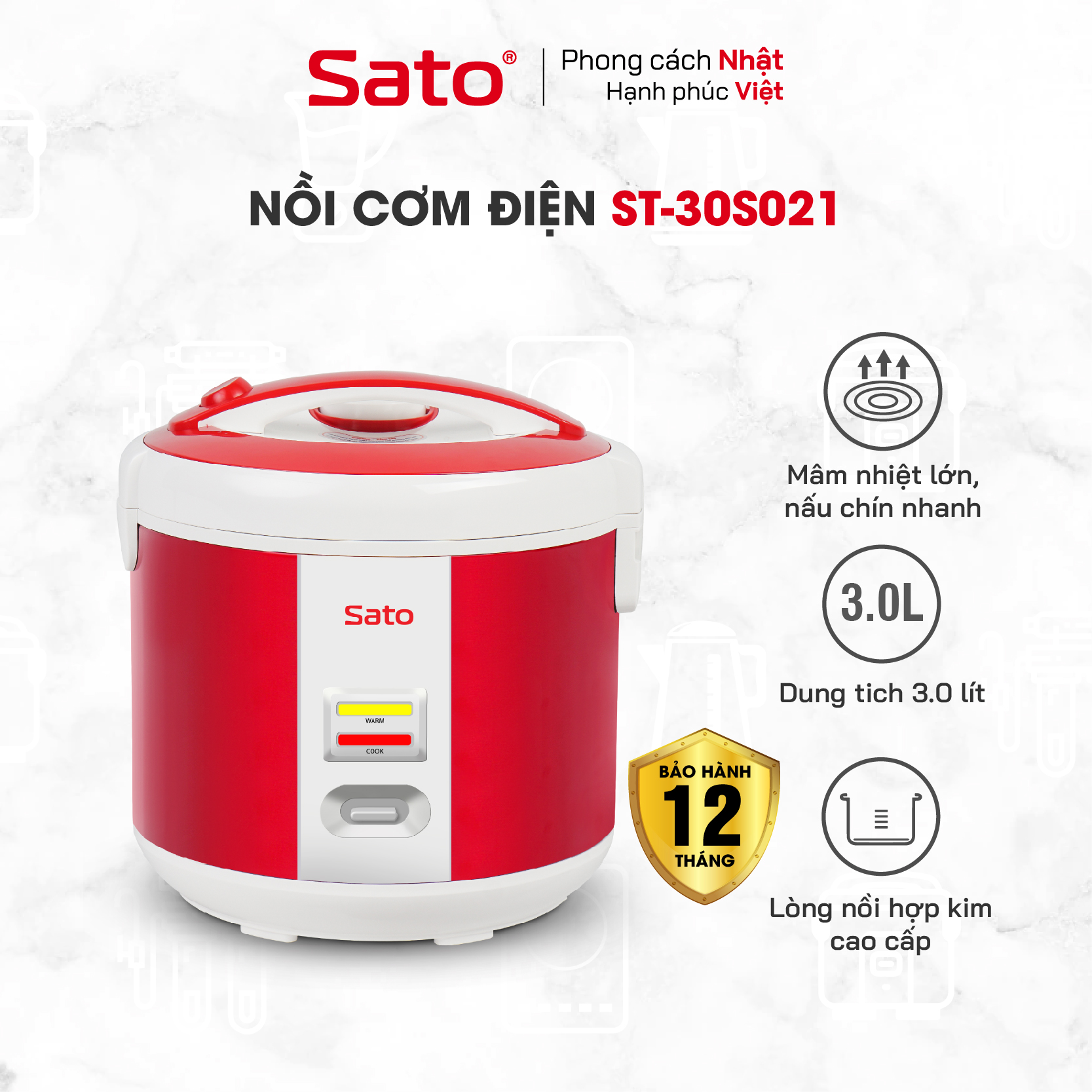 Nồi Cơm Điện SATO 30S021 3.0L - Lòng nồi bằng hợp kim nhôm phủ chống dính cao cấp, an toàn cho sức khỏe - Miễn phí vận chuyển toàn quốc -Hàng chính hãng