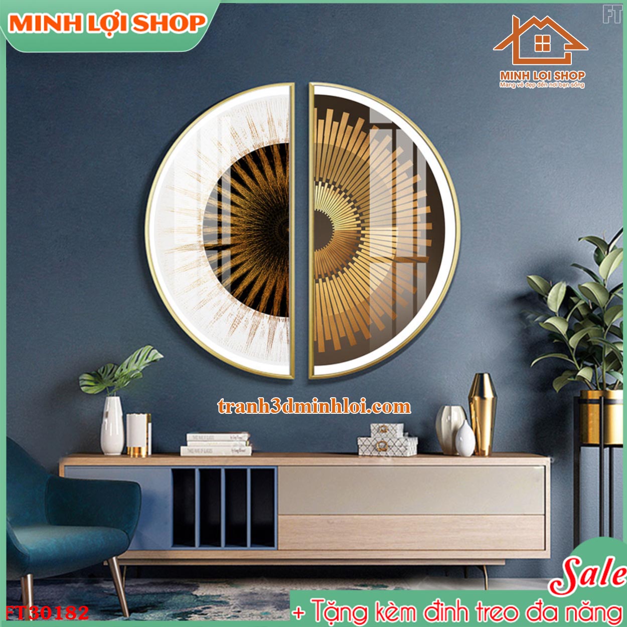 Tranh tròn bán nguyệt trừu tượng treo tường trang trí phòng khách, quà tặng tân gia cực sang TẶNG KÈM ĐINH TREO