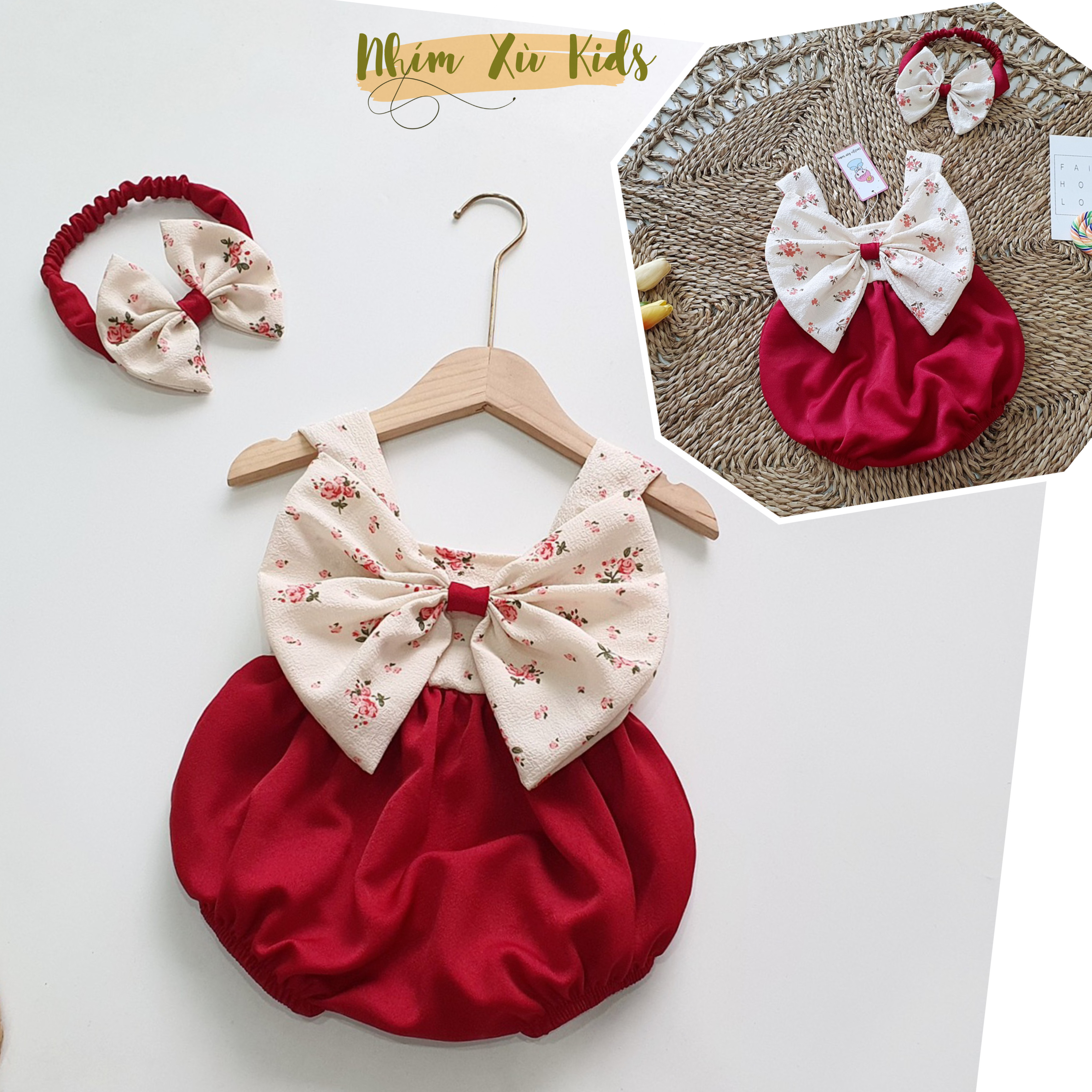 Bodysuit Nơ To Chất Đũi Cara Cho Bé Gái Gái 3 Đến 12kg, Áo Liền Quần 2 Dây Xinh Xắn