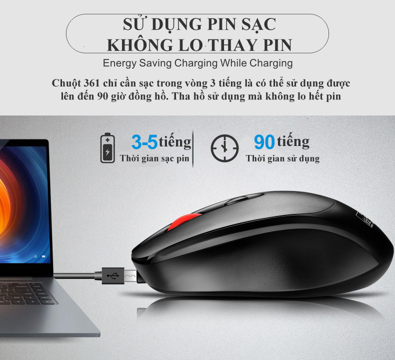 Chuột Không Dây 361 - Chống Ồn Pin Sạc Được Không Cần Thay PIN