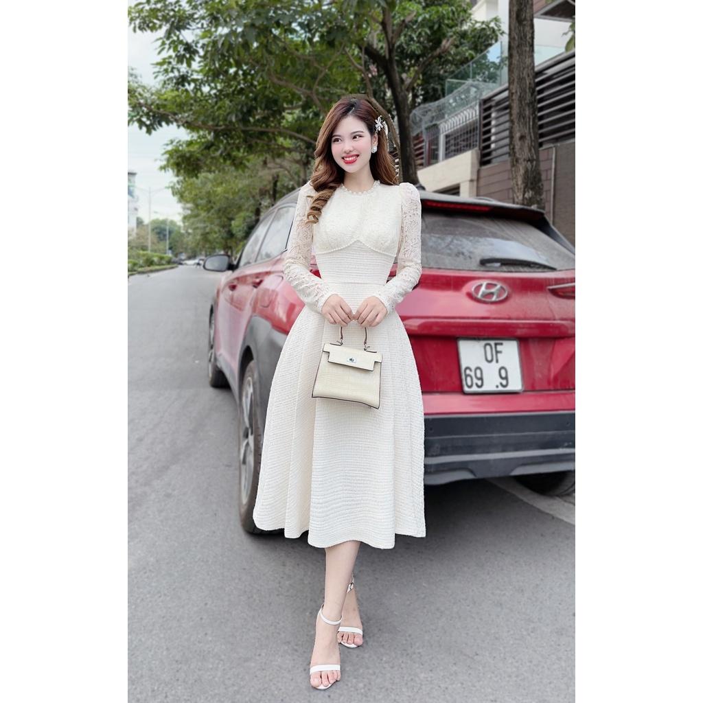 Váy Dạ Tweed Lilia Dáng A Phối Ren Đính Ngọc Màu Kem - Đầm Dạ Tweed Nữ Ấm Áp, Thanh Lịch