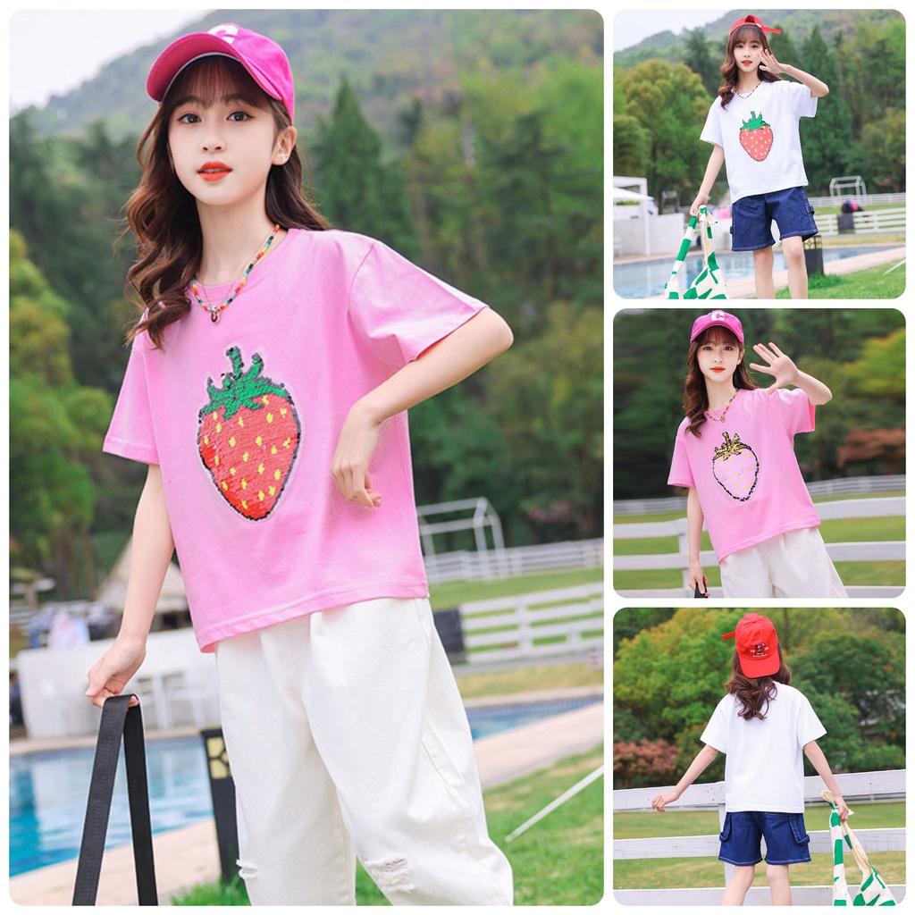ATG9 Size130-170 (20-45kg) Áo thun bé gái size đại (trái dâu lật đổi màu) Thời trang trẻ Em hàng quảng châu