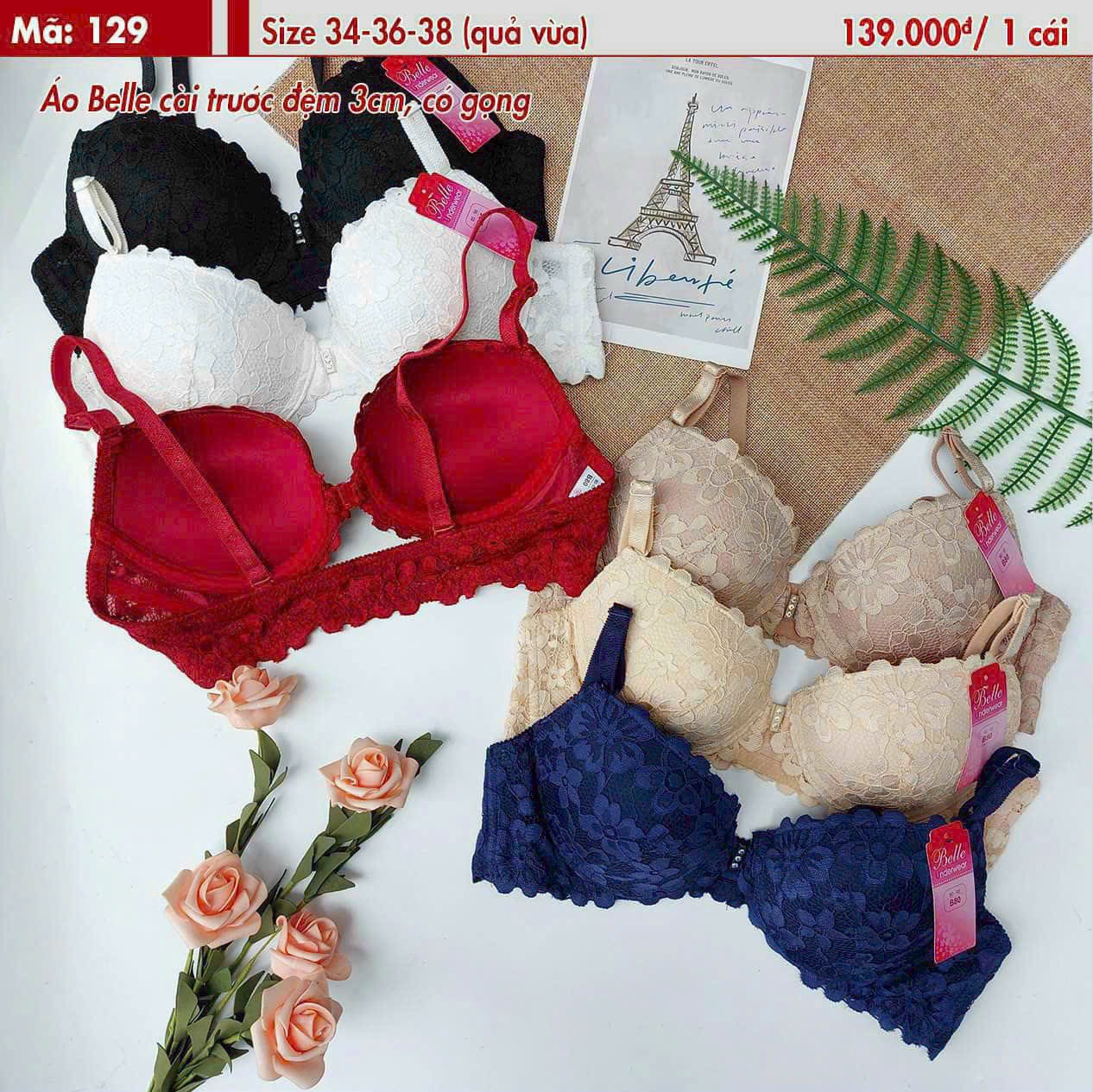 Áo lót nữ mút dày cài trước có gọng nâng ngực ren hoa mai Belle 129 – Size B75–B85